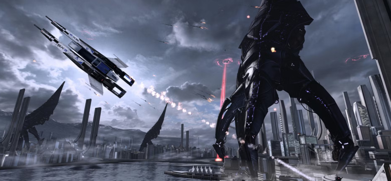 ยาน Reaper ขนาดใหญ่ ลอยอยู่ในอวกาศมืด ในเกม Mass Effect