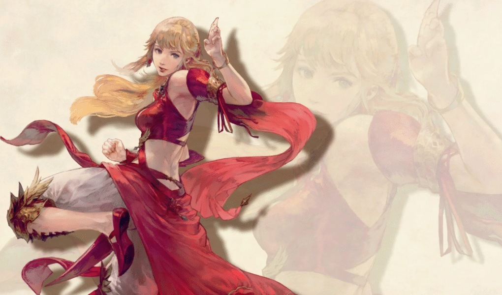 ภาพ Key Art ประจำภาคเสริม FFXIV: Stormblood แสดงตัวละครหลัก Lyse, นักรบแห่งแสง, และตัวร้าย Zenos ท่ามกลางบรรยากาศการปฏิวัติอันร้อนแรง