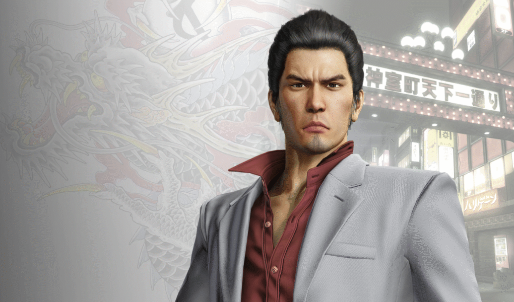 คิริว คาซึมะ (Kazuma Kiryu) ตัวละครเอกในชุดสูทสีเทาอันเป็นเอกลักษณ์ ยืนสง่ากลางย่านคามุโระโจ จากเกม Yakuza 1 หรือ Yakuza Kiwami