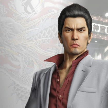 คิริว คาซึมะ (Kazuma Kiryu) ตัวละครเอกในชุดสูทสีเทาอันเป็นเอกลักษณ์ ยืนสง่ากลางย่านคามุโระโจ จากเกม Yakuza 1 หรือ Yakuza Kiwami