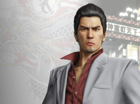คิริว คาซึมะ (Kazuma Kiryu) ตัวละครเอกในชุดสูทสีเทาอันเป็นเอกลักษณ์ ยืนสง่ากลางย่านคามุโระโจ จากเกม Yakuza 1 หรือ Yakuza Kiwami