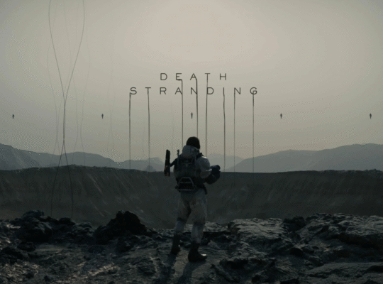 A haunting image from Death Stranding showing the desolate, Timefall-ravaged landscape, with mysterious BTs faintly visible, emphasizing the supernatural impact of the phenomenon.