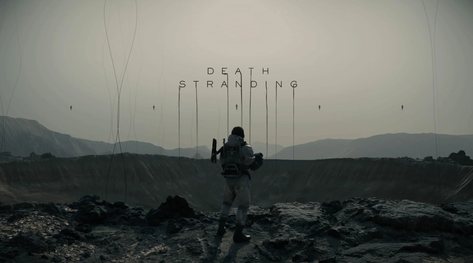 A haunting image from Death Stranding showing the desolate, Timefall-ravaged landscape, with mysterious BTs faintly visible, emphasizing the supernatural impact of the phenomenon.
