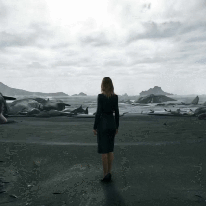 A desolate, otherworldly landscape depicting The Beach in Death Stranding, with dark sands, a cloudy sky, and stranded marine life, symbolizing the connection between life and death.