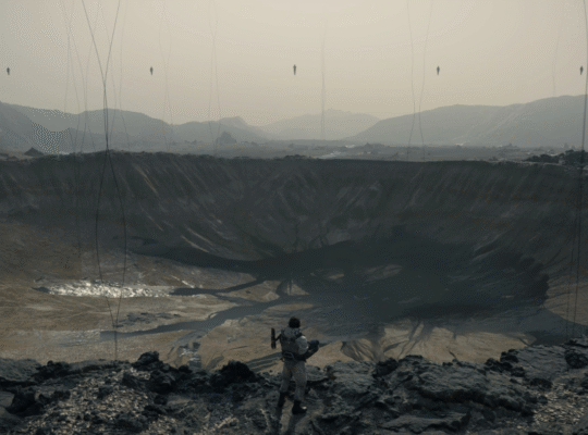 A dramatic image from Death Stranding showing a massive, circular crater left by a Voidout, with remnants of a city around the edges and a sense of desolation, illustrating the destructive power of the phenomenon.