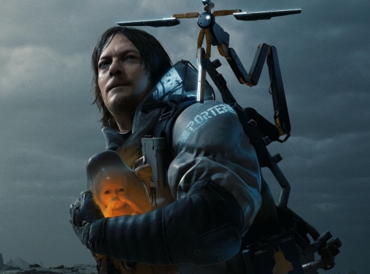 Sam Porter Bridges traversing a challenging landscape in Death Stranding, laden with cargo, with useful structures or tools visible in the foreground, symbolizing the game's emphasis on strategy and survival.