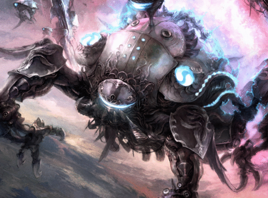 Concept artwork of the ancient Allagan weapon Omega, showcasing its intricate mechanical design from Final Fantasy XIV.