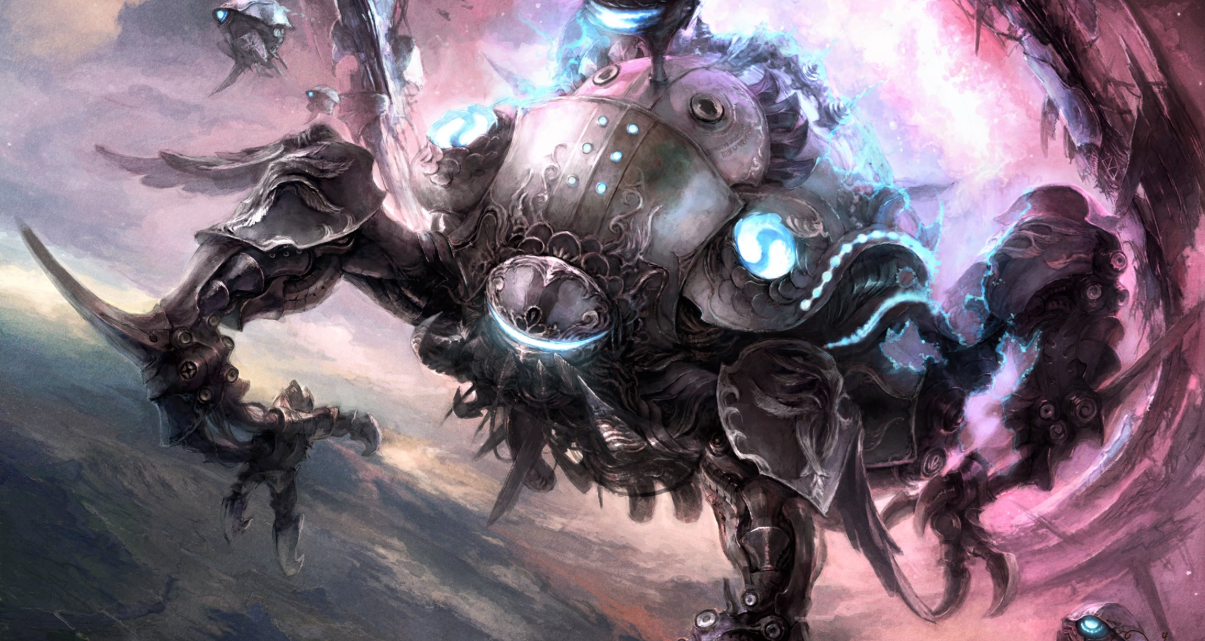 Concept artwork of the ancient Allagan weapon Omega, showcasing its intricate mechanical design from Final Fantasy XIV.